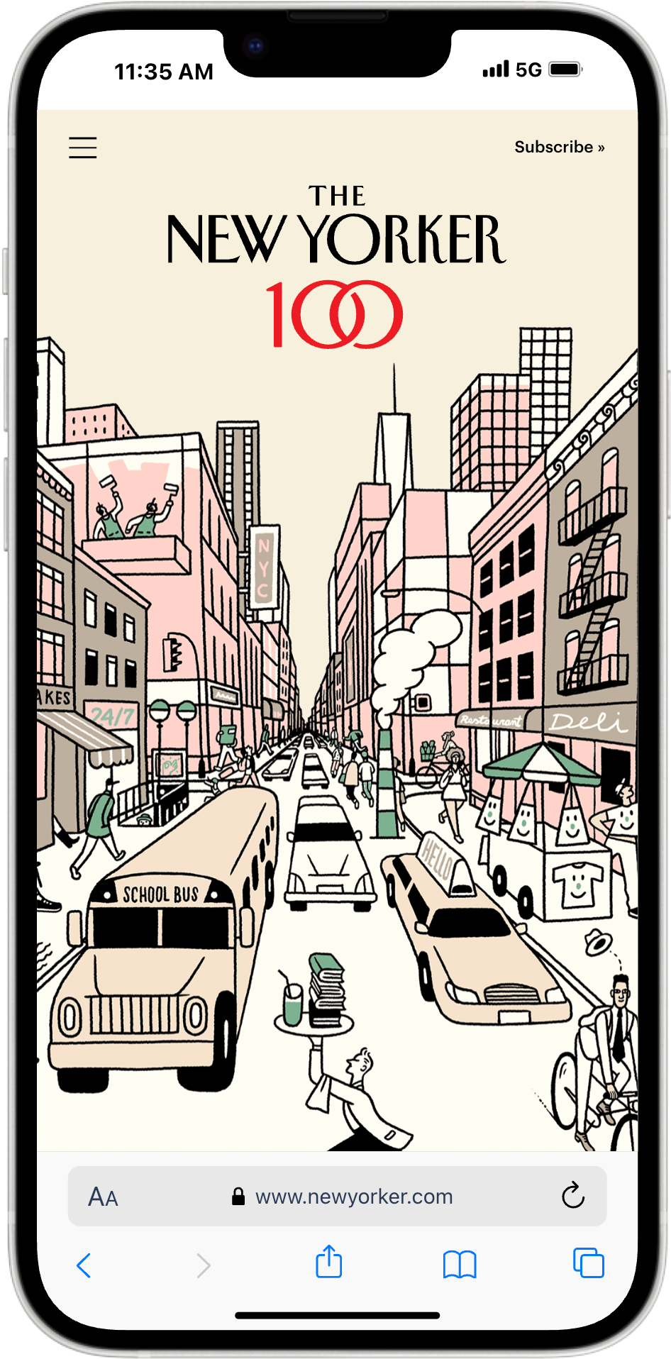 Illustration of the city skyline with the New Yorker logo