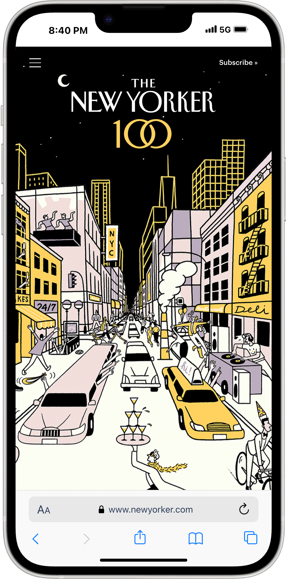 Illustration of the city skyline at night with the New Yorker logo