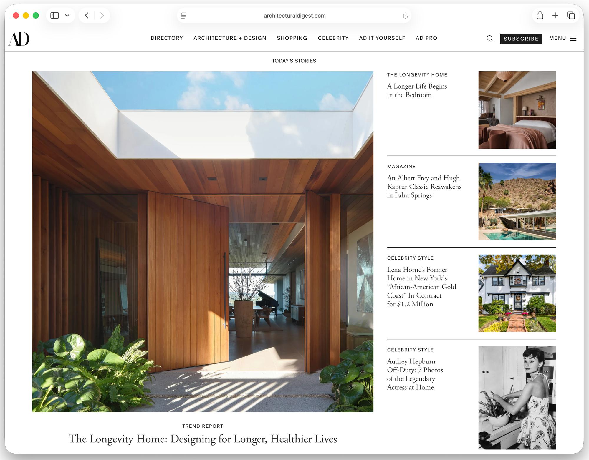 Architectural Digest homepage with Today's Stories hero and sidebar