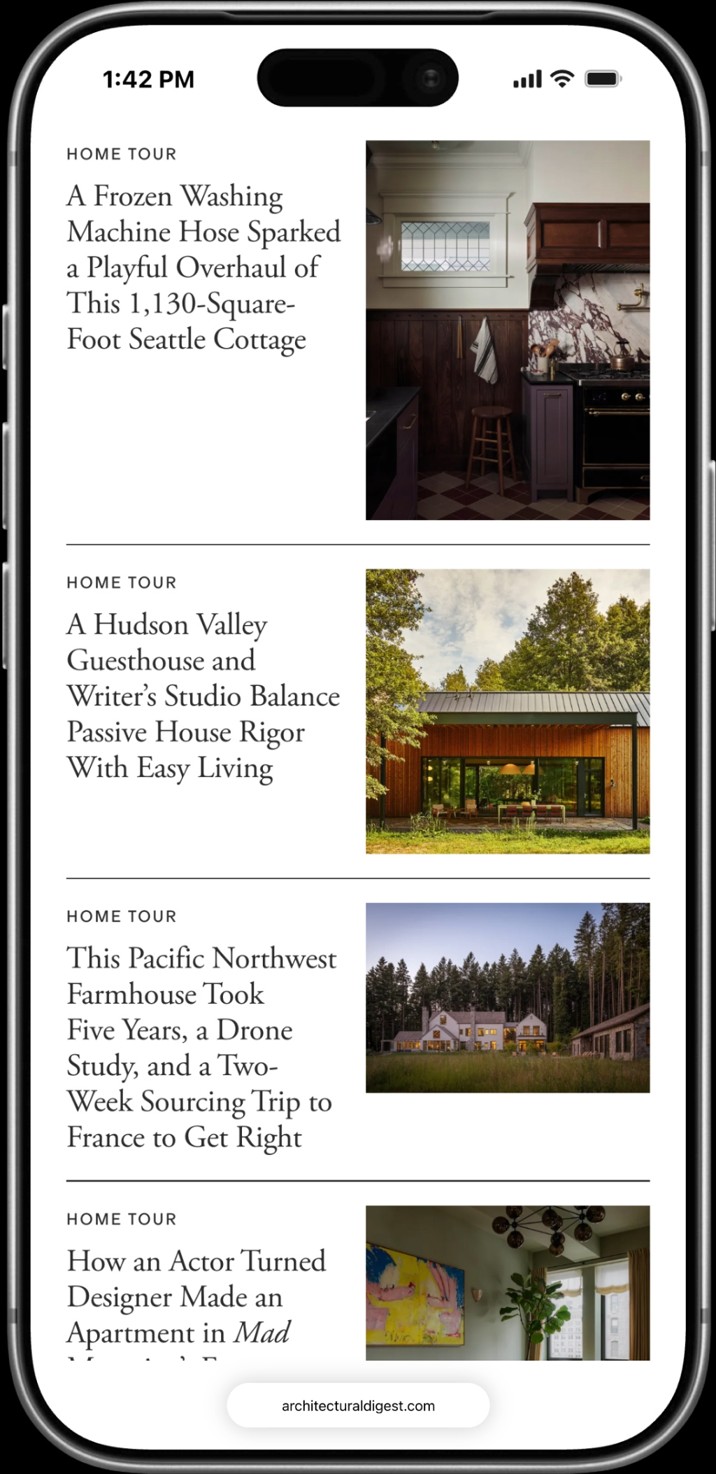 Architectural Digest mobile homepage, Home Tour story list