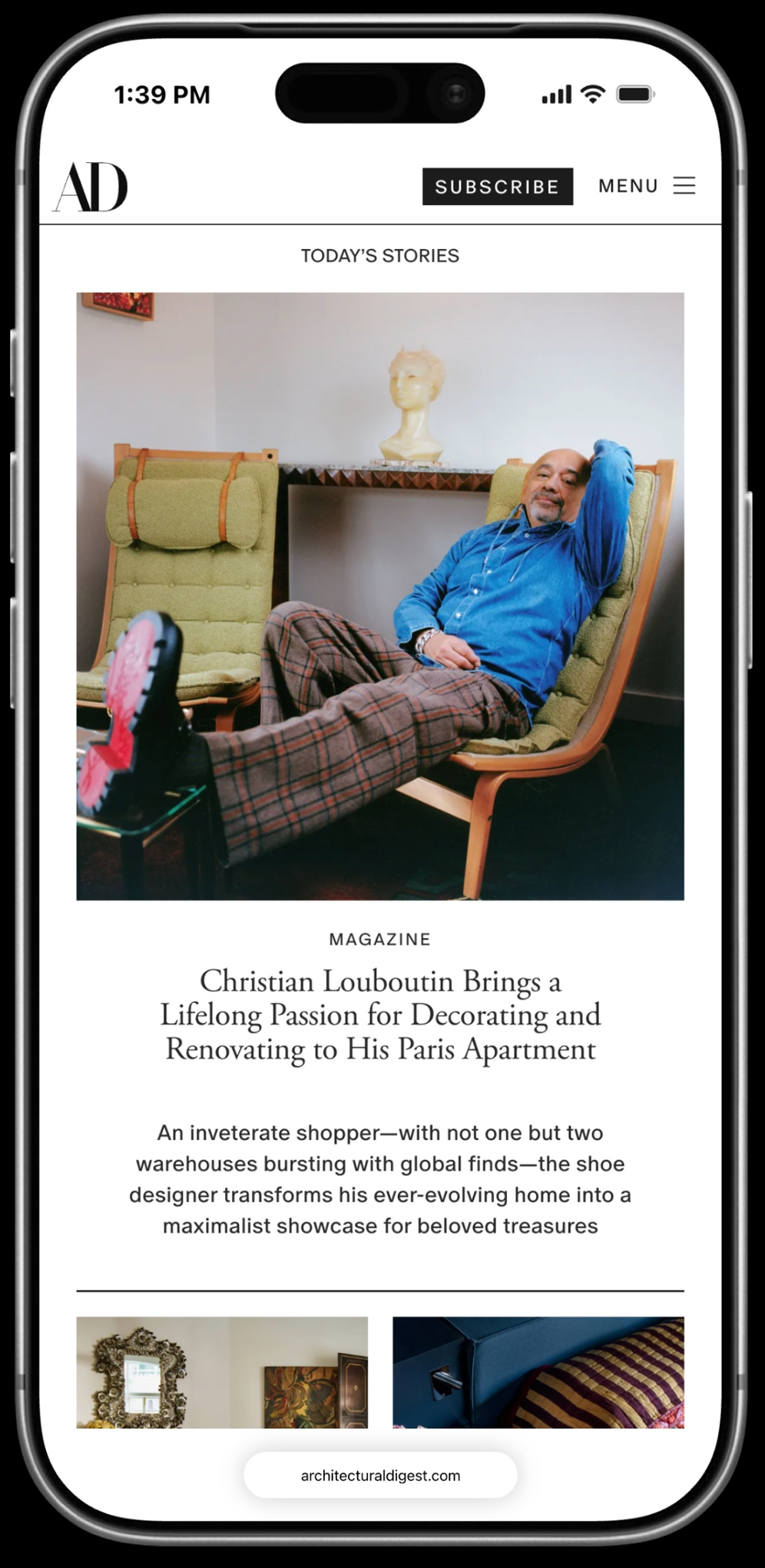 Architectural Digest mobile homepage, Christian Louboutin feature