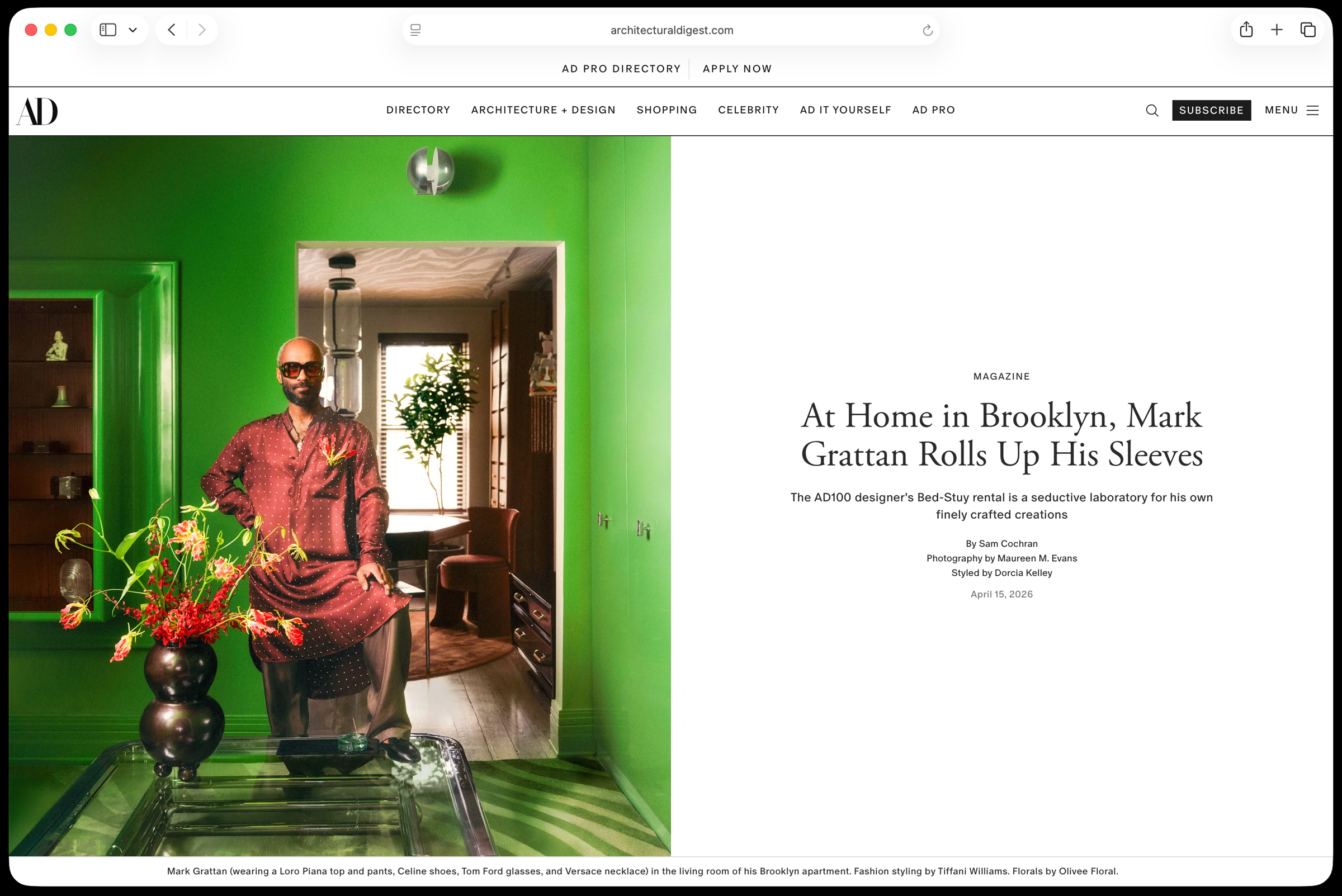 Architectural Digest magazine feature page, Mark Grattan in Brooklyn