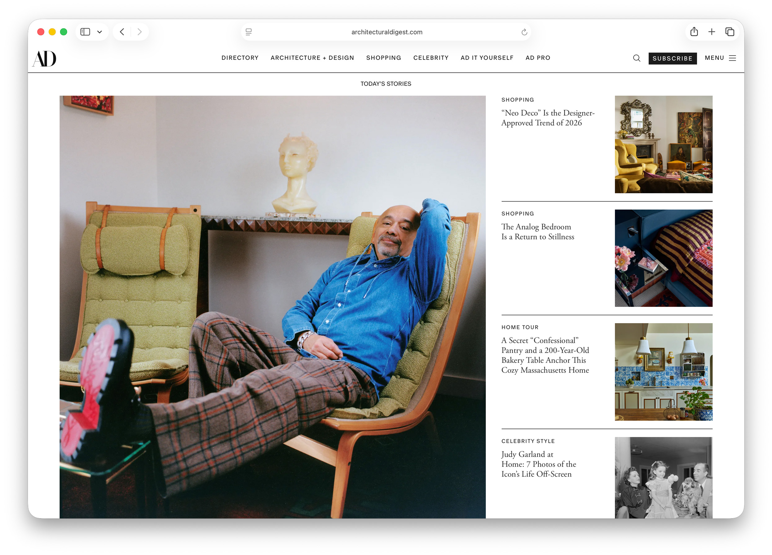 Architectural Digest website homepage, top of page