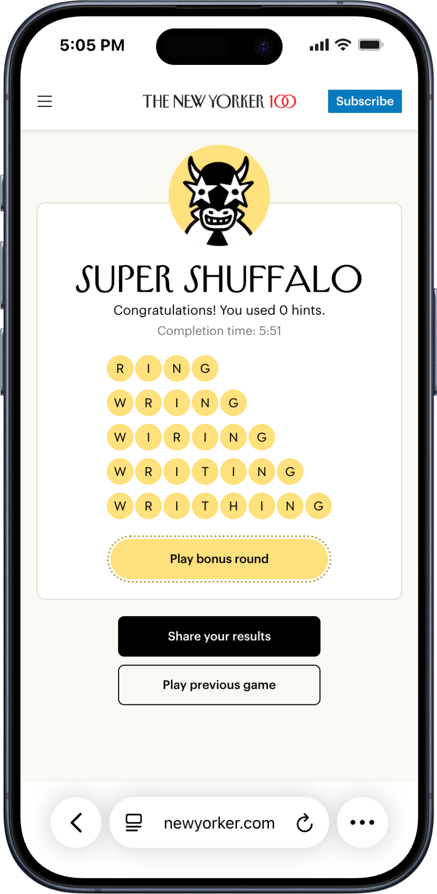 Shuffalo results page showing that the player finished the game