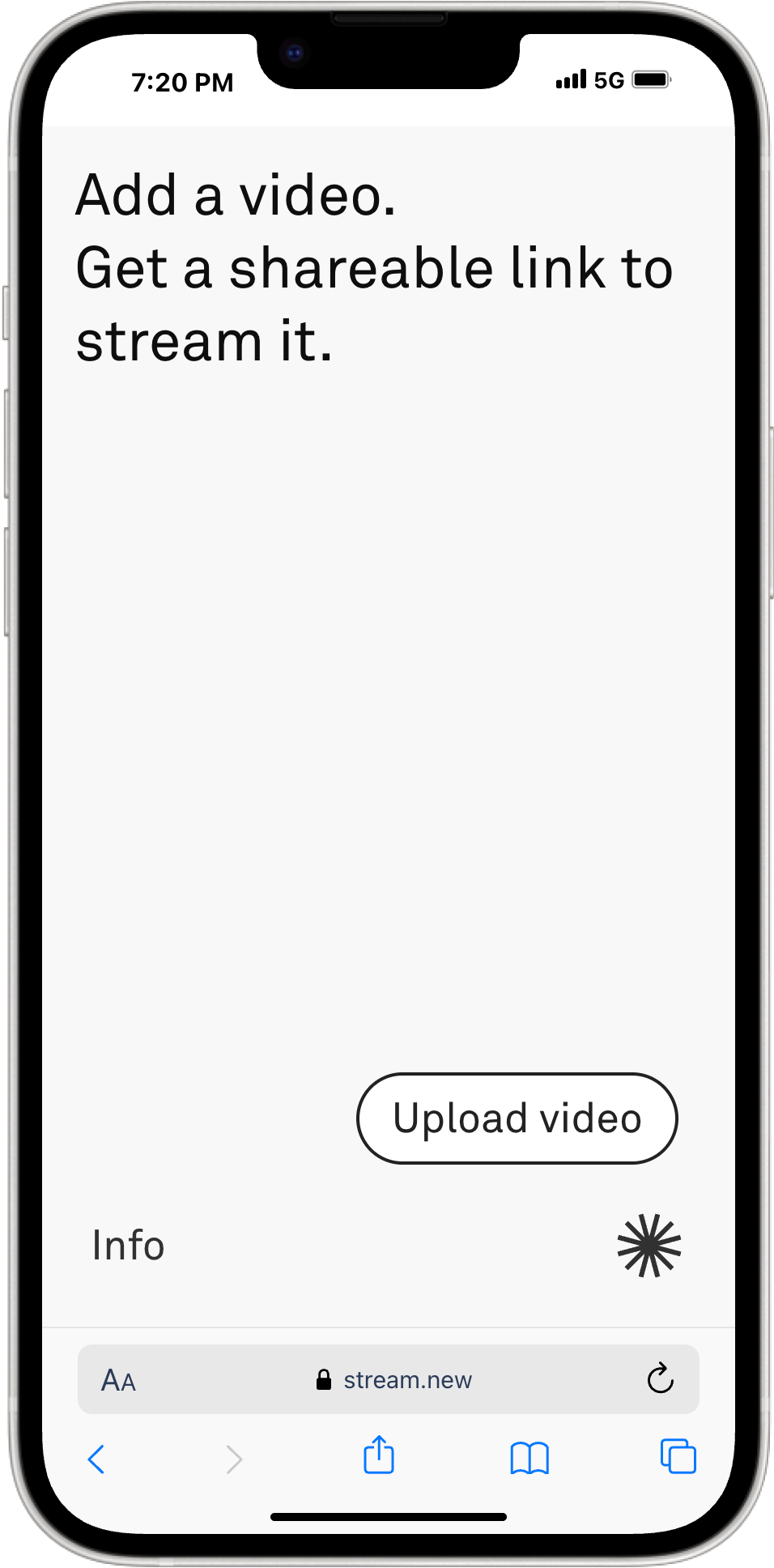Clean white landing page instructing the user to upload a video