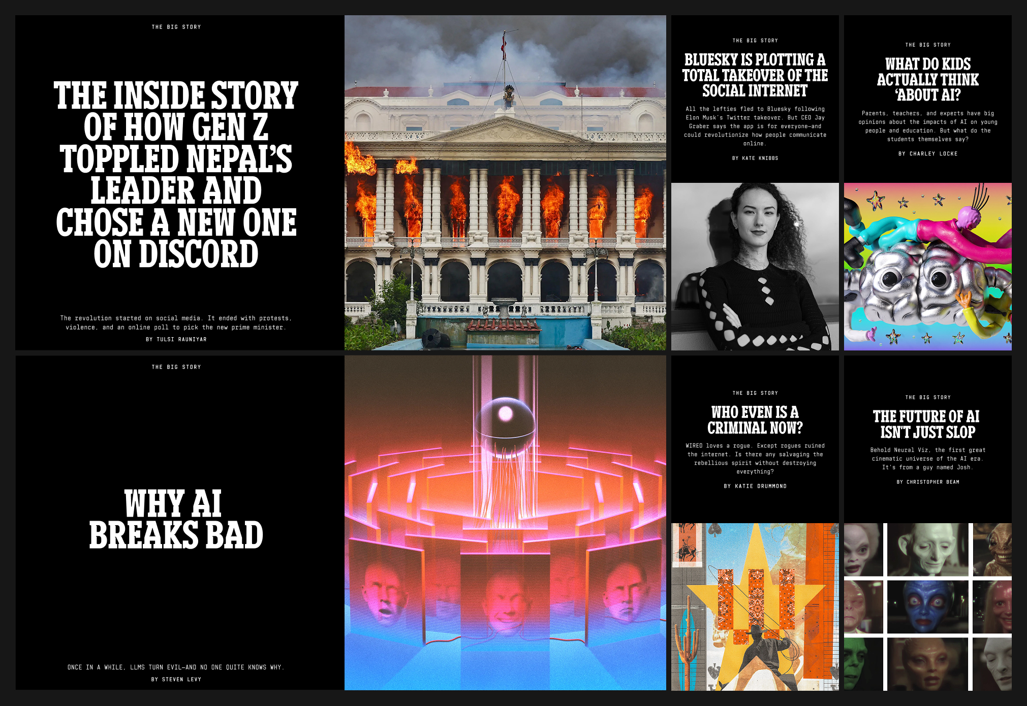 Black story cards with large white text and bold photography and illustration